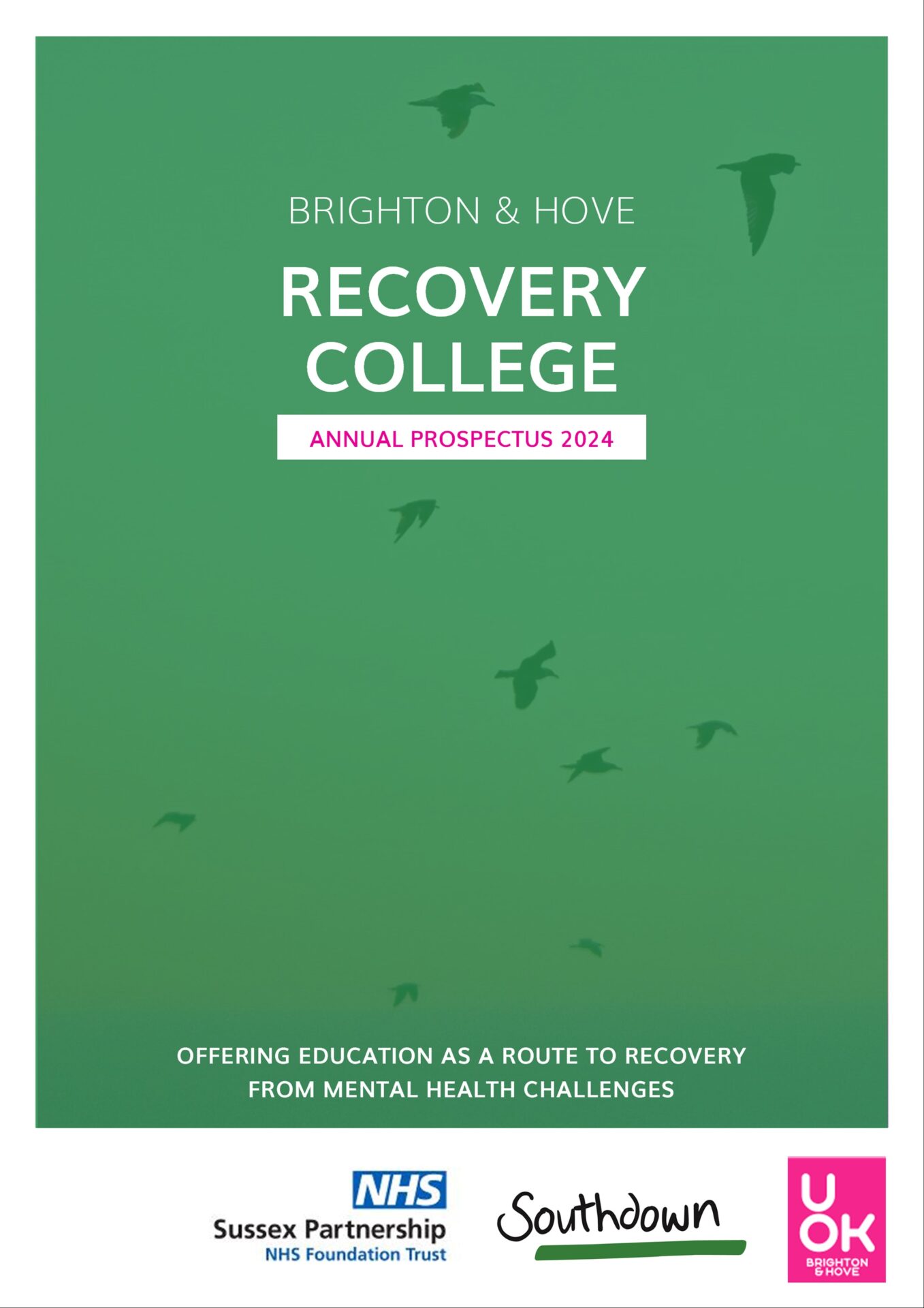 Green background with birds flying in the sky. The text reads: Brighton and Hove Recovery College, Annual Prospectis 2024. Offering education as a route to recovery from mental health challenges. There are three logos in the bottom right hand corner they are: Sussex Partnership NHS Foundation Trust, Southdown, and UOK Brighton and Hove.