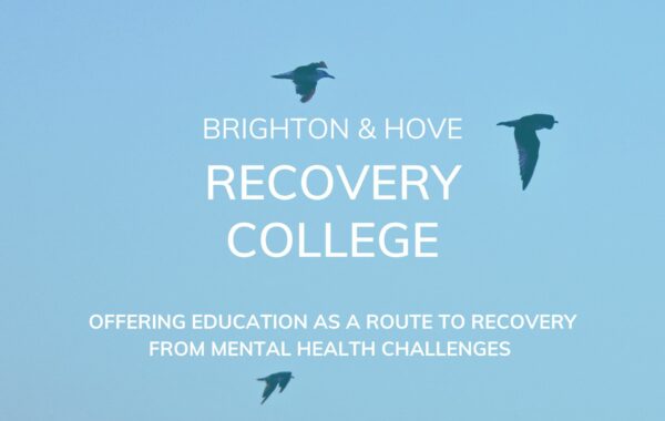 Photo of sky and three silhouted birds - text: Brighton and hove Recovery College, OFFERING EDUCATION AS A ROUTE TO RECOVERY FROM MENTAL HEALTH CHALLENGES