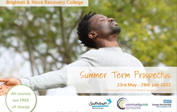 Prospectus cover with peaceful photo of person stood with arms open wide looking skyward