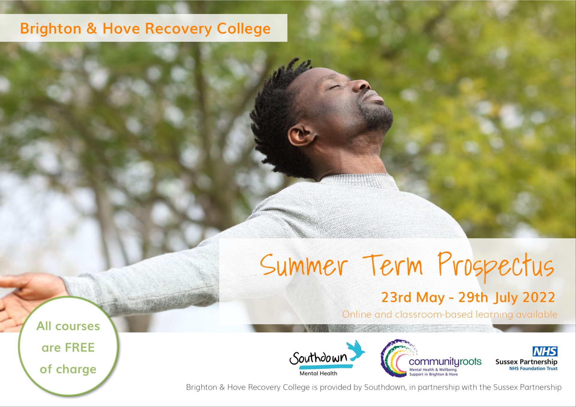 Prospectus cover with peaceful photo of person stood with arms open wide looking skyward