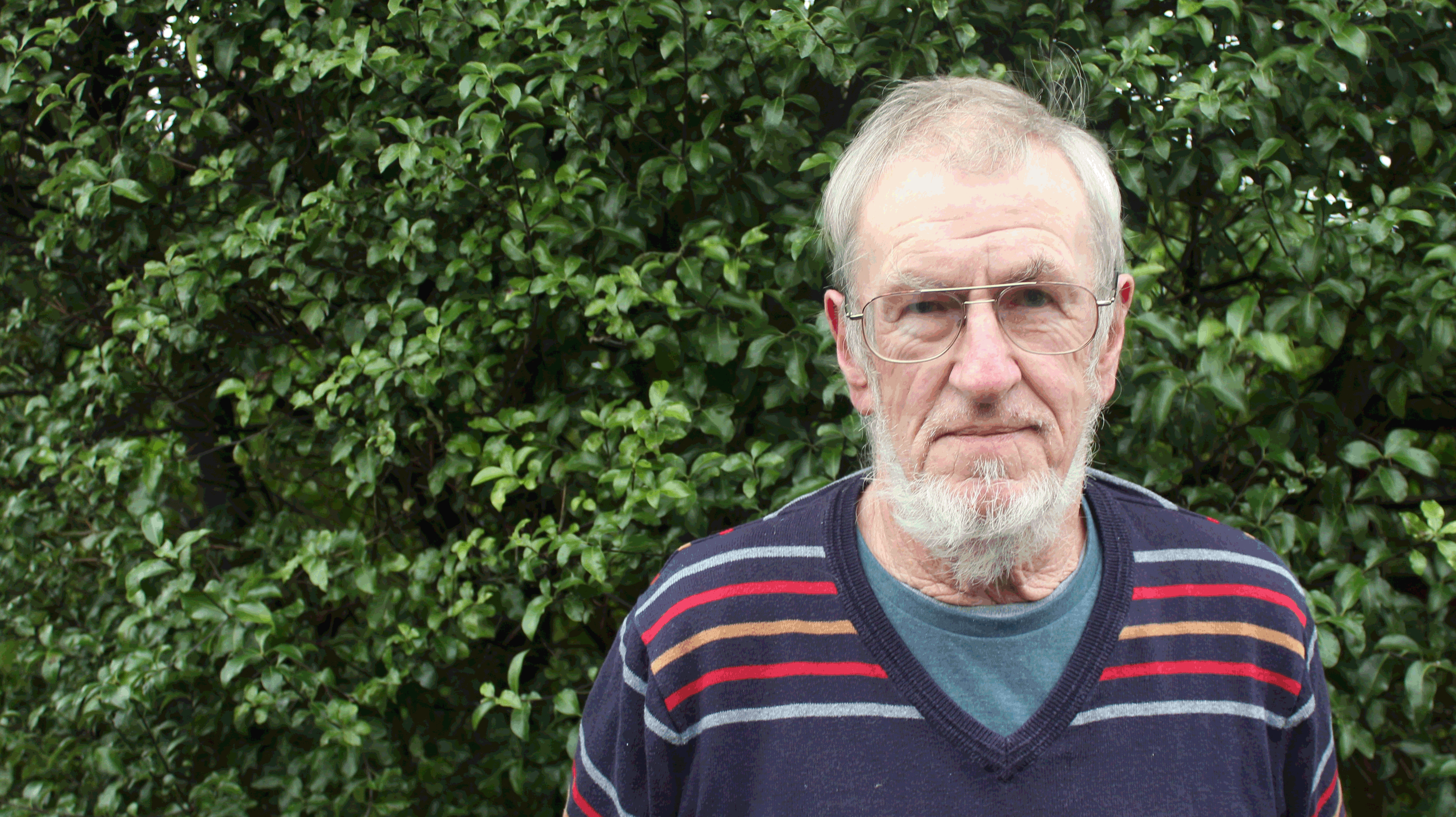 A man with glasses, beard, and grey hair stands in front of some foliage looking directly at camera