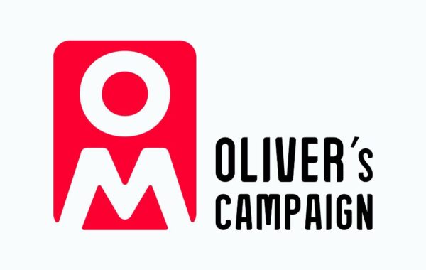 Red and white and black logo with letters O and M and words Oliver's Campaign