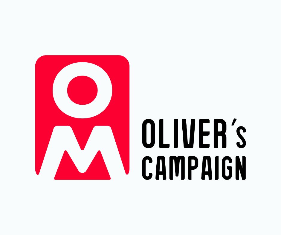 Red and white and black logo with letters O and M and words Oliver's Campaign