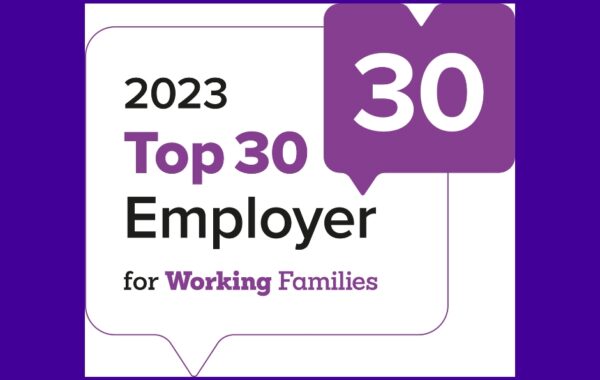 Image is of a white box on a purple background with the white Southdown logo. Inside the box it says, "2023 Top 30 Employer for Working Families"