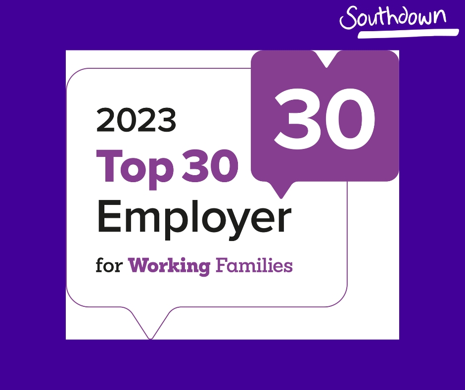 Image is of a white box on a purple background with the white Southdown logo. Inside the box it says, "2023 Top 30 Employer for Working Families"