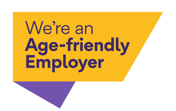 Yellow and purple graphic saying: 'We're an age friendly employer'.