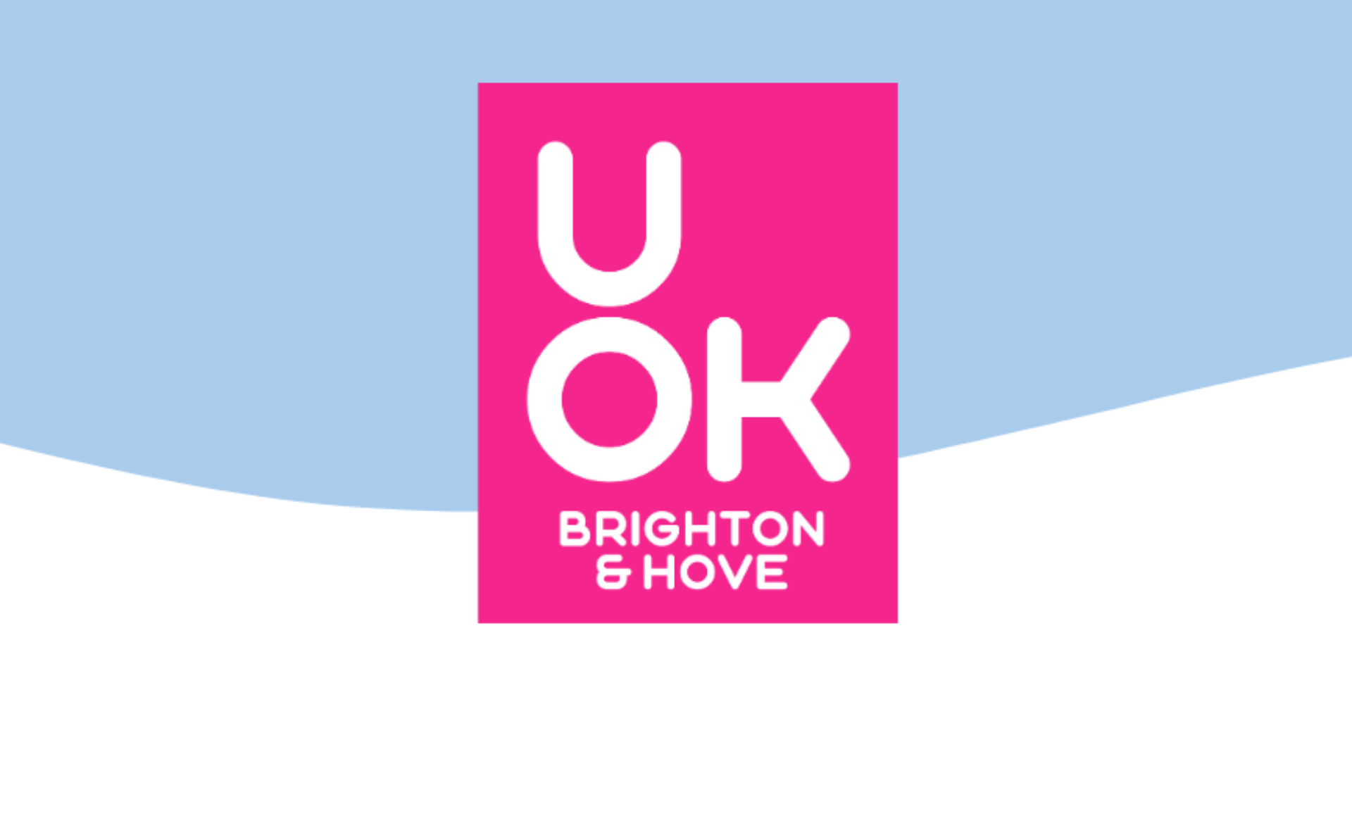 UOK Brighton and Hove logo in a white font, on a bright pink rectangle which is a brand pink. in the background is a light blue and white wavy background.
