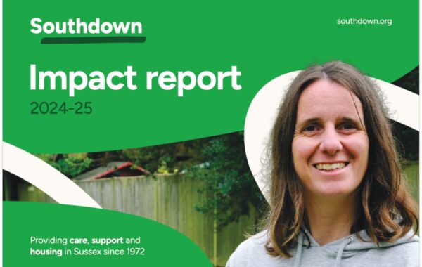 Southdown Impact Report 2024–25 cover, highlighting over 50 years of providing housing, mental health, care, and learning disability support services across Sussex. Features Southdown logo and a smiling woman, symbolising hope, dignity, and community.