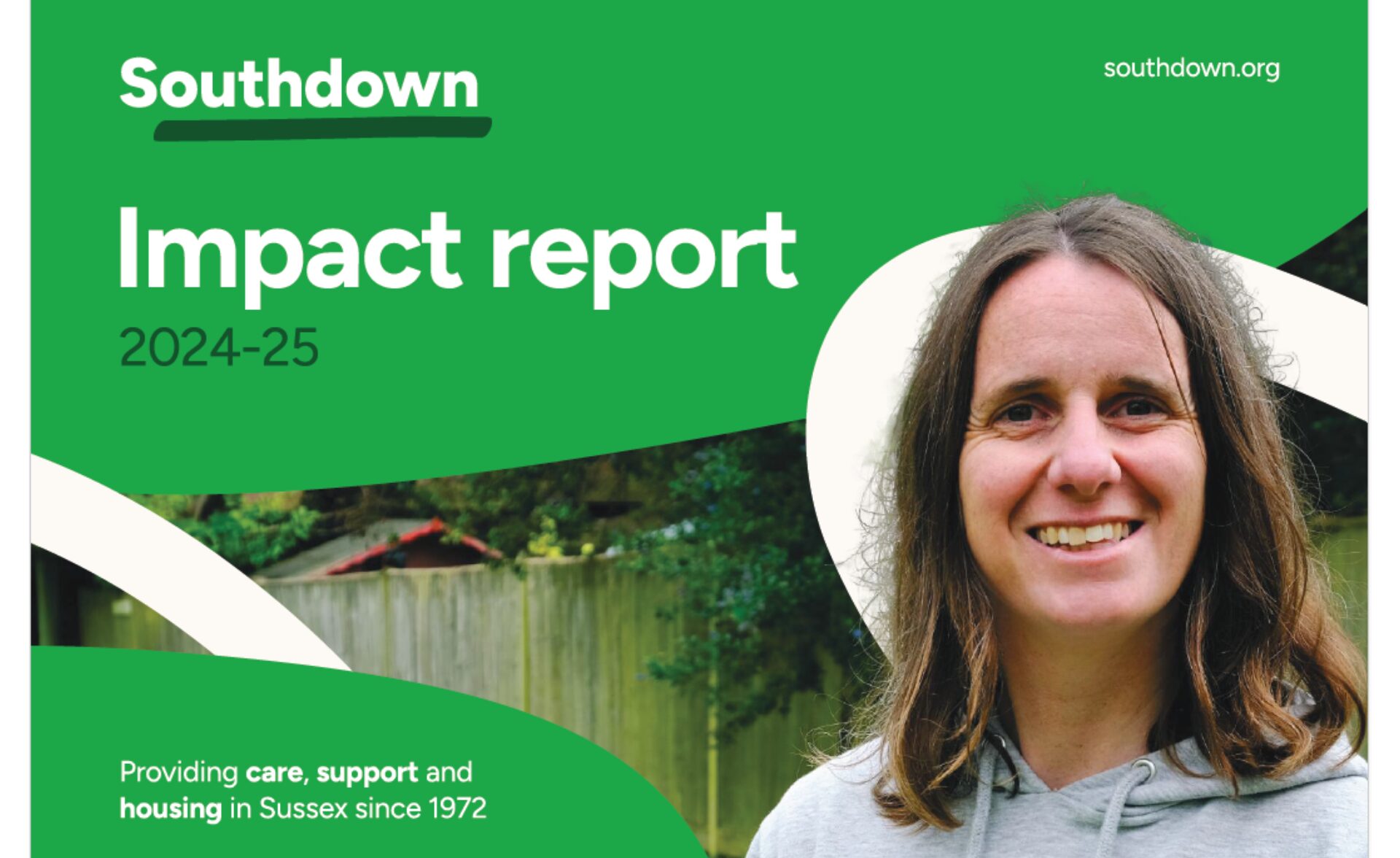 Southdown Impact Report 2024–25 cover, highlighting over 50 years of providing housing, mental health, care, and learning disability support services across Sussex. Features Southdown logo and a smiling woman, symbolising hope, dignity, and community.