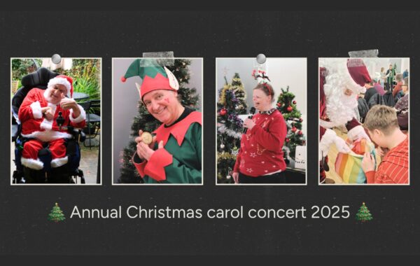 A collage of attendees, dressed in festive costumes, at Southdown's annual Christmas carol concert 2025.