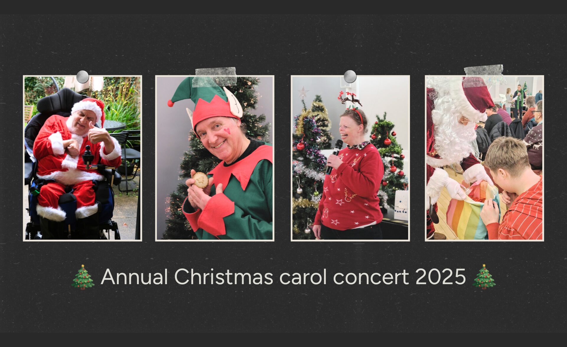 A collage of attendees, dressed in festive costumes, at Southdown's annual Christmas carol concert 2025.