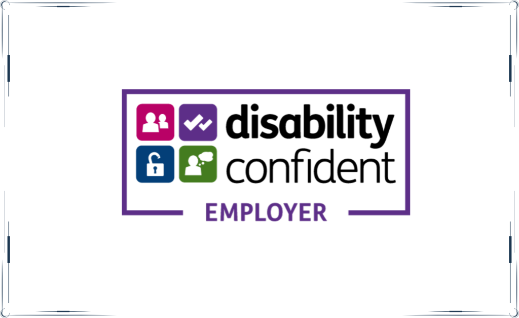 Disability Confident Employer badge featuring four coloured icons representing inclusion, accessibility, and support, with the text 'Disability Confident Employer' in bold black and purple font.