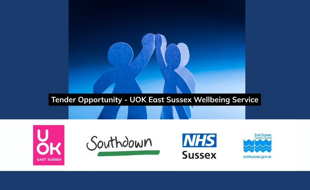 UOK East Sussex Wellbeing Service tender opportunity graphic showing paper people figures symbolising collaboration. Includes logos for Southdown, NHS Sussex, East Sussex County Council, and UOK East Sussex. Mental health service provider partnership call for subcontractor bids.
